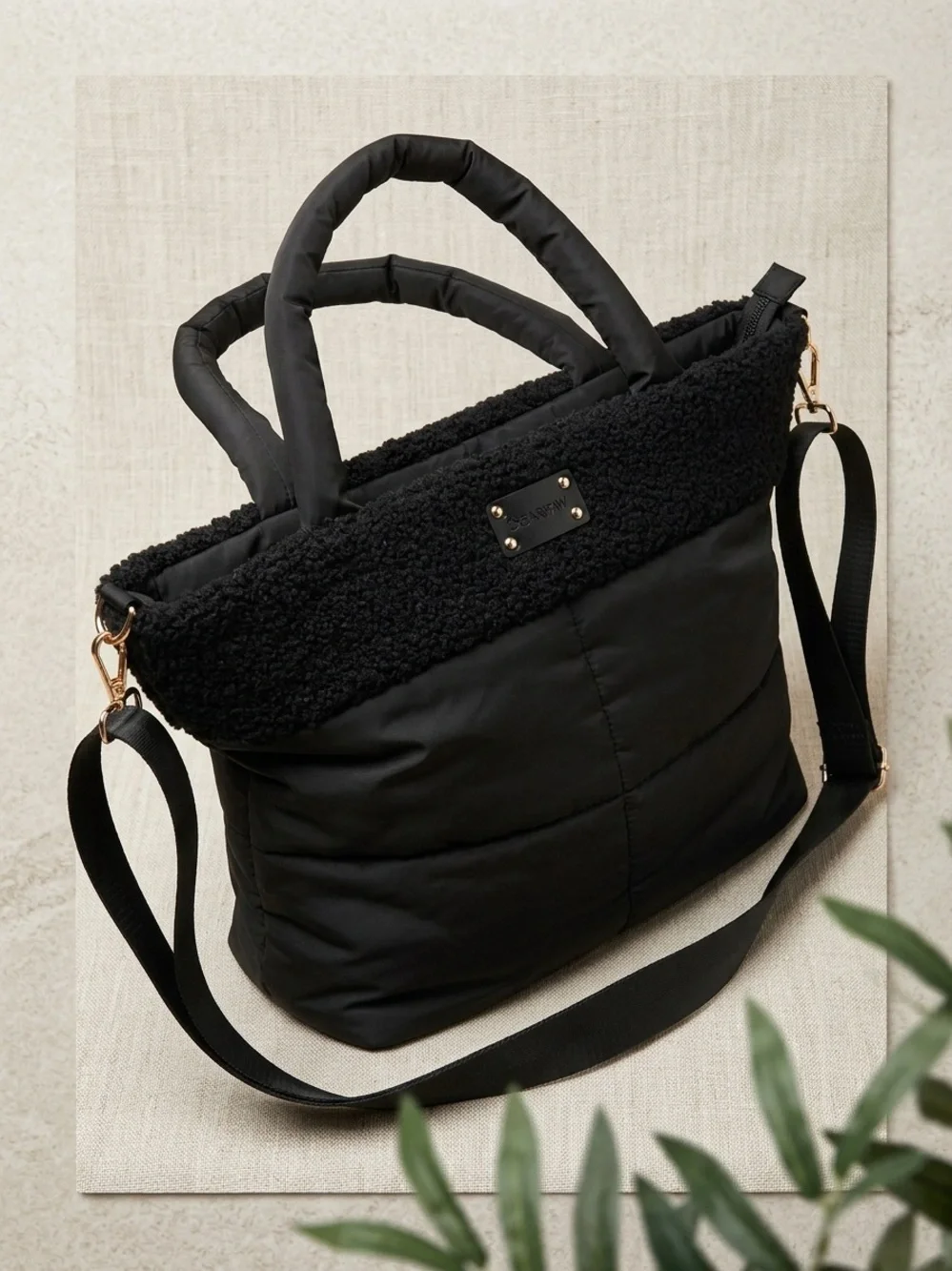 Bearpaw Black Quilted Puffer Tote Bag with Cozy Faux-Shearling Trim